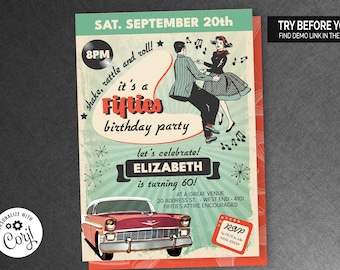 May include: Editable invitation template for a 60th birthday party with a 1950s theme. The invitation features a vintage car, a couple dancing, and the text "shake, rattle and roll! It's a Fifties birthday party".