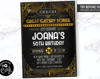 Invitación de cumpleaños Art Déco Gatsby / Plantilla editable (archivo digital)