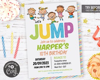 Invito alla festa di compleanno con trampolino / File digitale modificabile