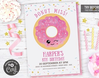 Cute Donut Birthday Invitation | Editable Digital File