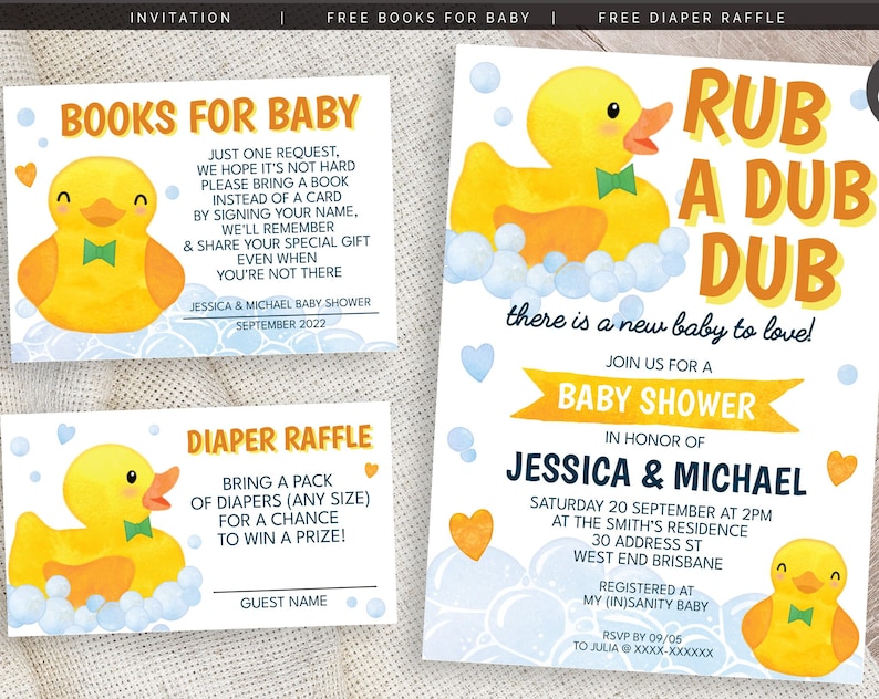 Boy Rubber Duck Baby Shower Invitation Books For Baby and Diaper Raffle Editable Digital Files