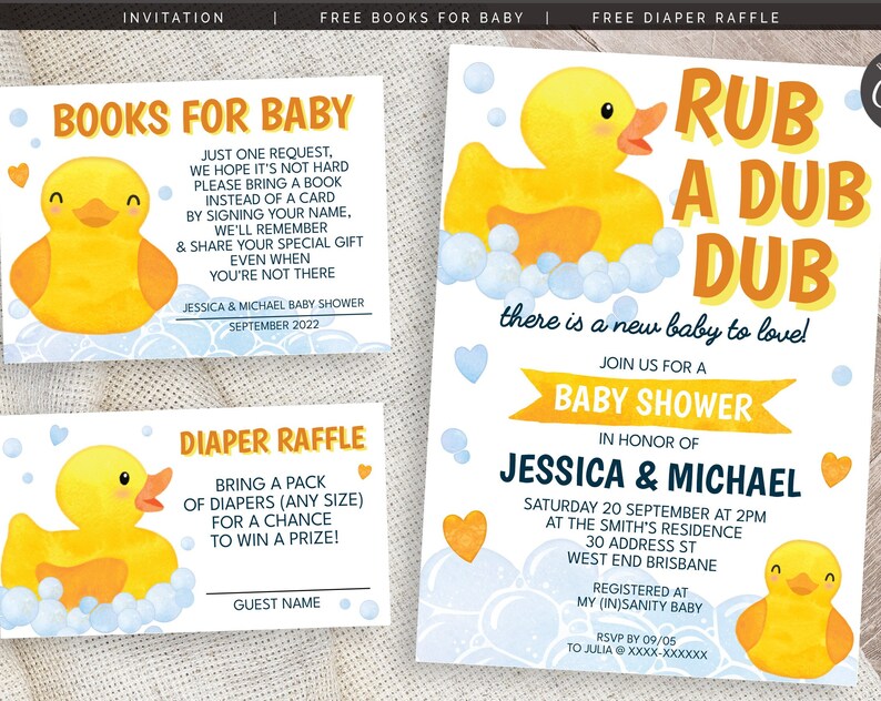 Gender Neutral Rubber Duck Baby Shower Invitation Books For Baby and Diaper Raffle Editable Digital Files