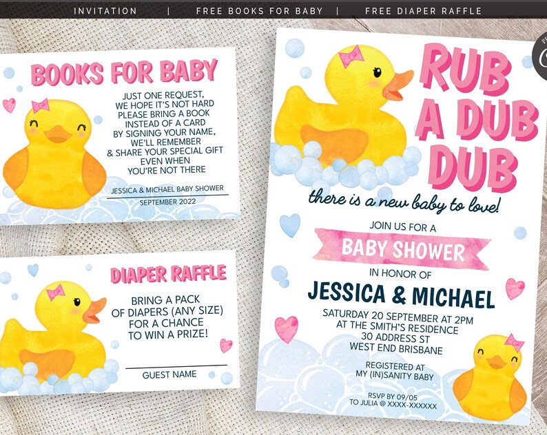 Girl Rubber Duck Baby Shower Invitation Books For Baby and Diaper Raffle Editable Digital Files