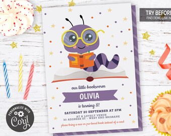 Purple Bookworm Birthday Party Invitation | Editable Digital File