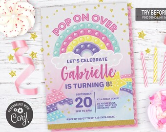 Invito alla festa di compleanno di Pop It Fidget Girl / File digitale modificabile