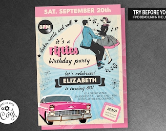 Fifties Birthday Invitation in Pink | Editable Digital File