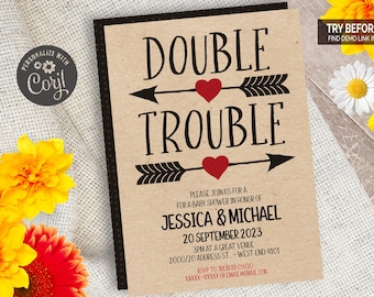 May include: A baby shower invitation with the words "Double Trouble" in a bold, black font, with arrows and hearts. The invitation includes details for Jessica and Michael's baby shower on September 20, 2023. The invitation is a downloadable template.