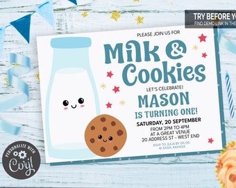Milk And Cookies Birthday Party Invitation | Editable Digital File