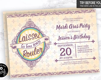 Puede incluir: Una invitación imprimible para una fiesta de Mardi Gras con un diseño vintage. La invitación presenta un esquema de color morado, dorado y turquesa con un patrón de flor de lis. El texto de la invitación dice "Laissez les bons temps rouler" y "Mardi Gras Party".