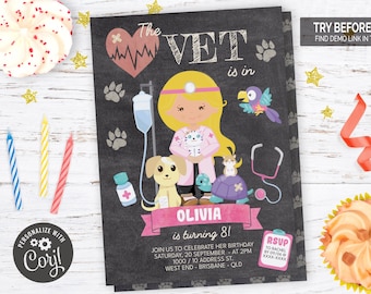 Girl Vet Birthday Chalkboard Invitation | Editable Digital File