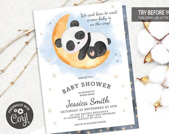 May include: A blue and white baby shower invitation with a cute panda bear sleeping on a yellow moon. The text reads "We can't bear to wait. A new baby is on the way!" and "Join us to a Baby Shower in honor of Mama Bear Jessica Smith".