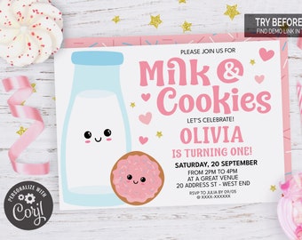 Pink Milk And Cookies Birthday Party Invitation | Editable Digital File