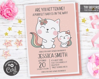Bent u Kitten Me meisje baby shower uitnodiging | Bewerkbaar digitaal bestand