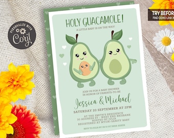 Heilige Guacamole Kawaii Avocado-Babyparty-Einladung | Bearbeitbare digitale Datei