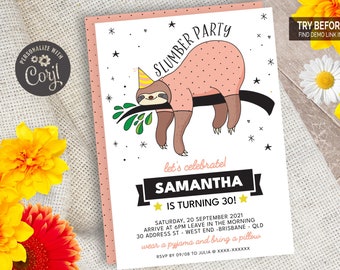 Pink Sloth Slumber Party Invitation | Editable Digital File