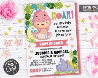 May include: Pink and green baby shower invitation with a cartoon dinosaur and the text "ROAR! Our little baby Dinosaur is on her way! Join us for a Baby Shower" and "In honor of parents-to-be Jessica & Michael Saturday, 20 September 2:00pm at a great venues 1020/20 Address St Chicago-IL Registered at My(In) Sanity Baby RSVP to Julia by 09/12 at XXX-XXXXX"