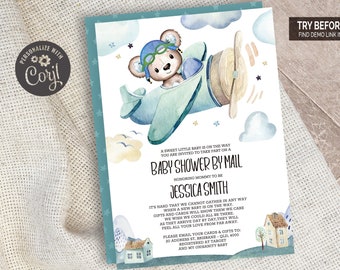 Teddy Bear Airplane/Baby Shower by Mail Invitation | Editable Digital File