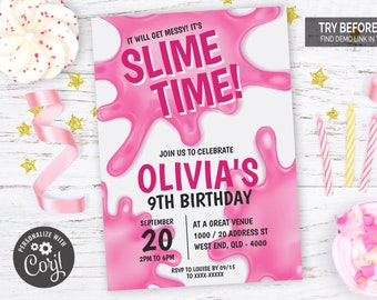 Può includere: Invito di compleanno stampabile rosa e bianco a tema slime. L'invito dice "It will get messy! It's Slime Time!" e "Join us to celebrate Olivia's 9th Birthday".