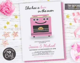 Bun In The Oven Baby Shower Invitation in Pink  | Editable Digital File