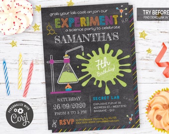 May include: A chalkboard style invitation for a 7th birthday party with a science theme. The invitation features a beaker, a green splat, and the text "Grab your lab coat and join our Experiment, a science party to celebrate Samantha's 7th Birthday!"