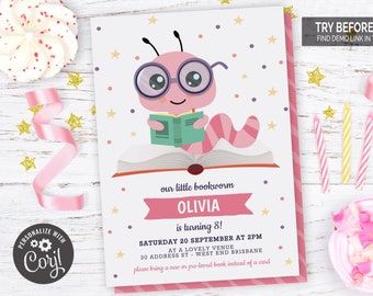 Pink Bookworm Birthday Party Invitation | Editable Digital File