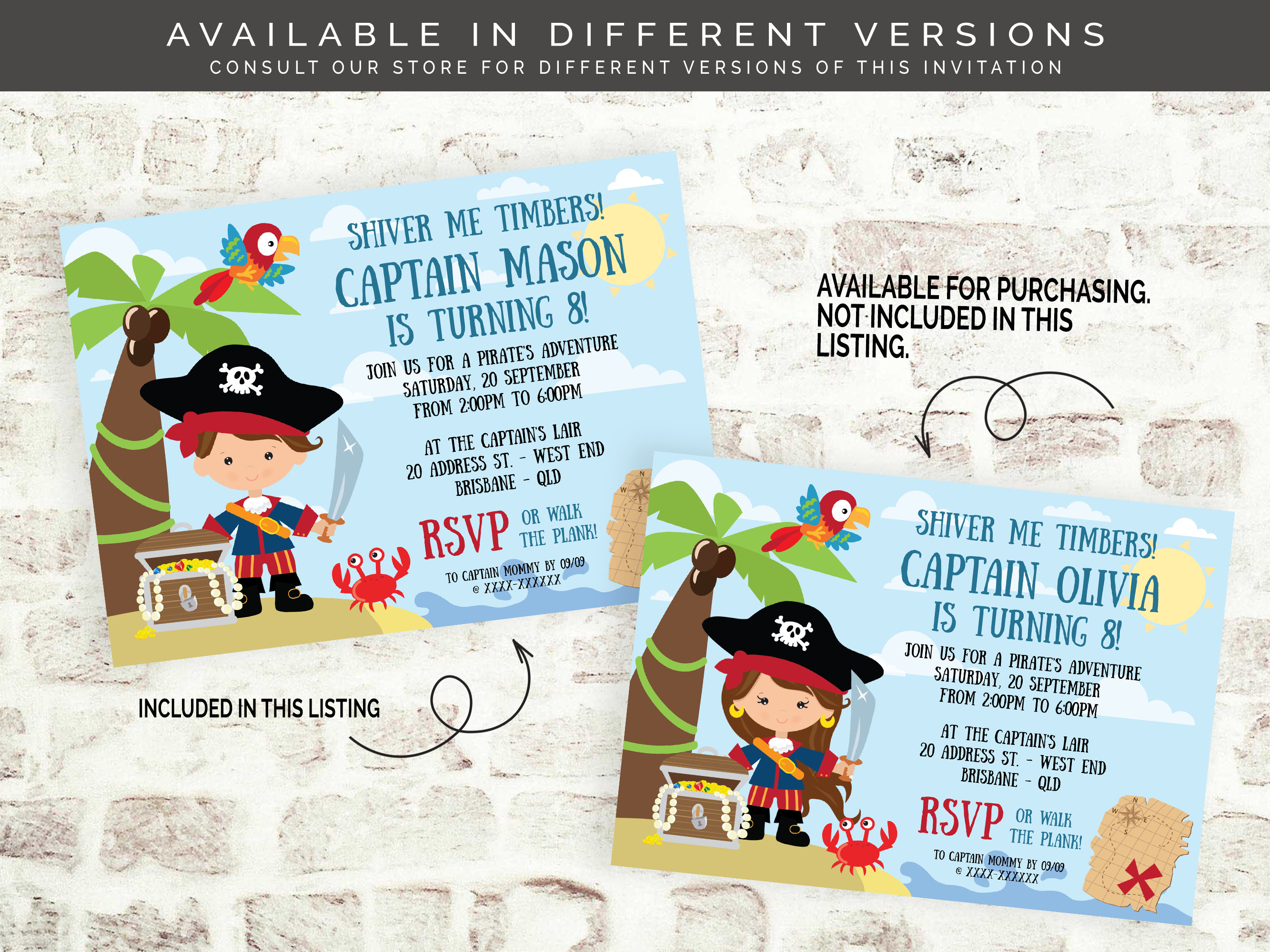 8 Coloridas Invitaciones Con Sobre Motivo Pirata | Aprox. 14 X 9