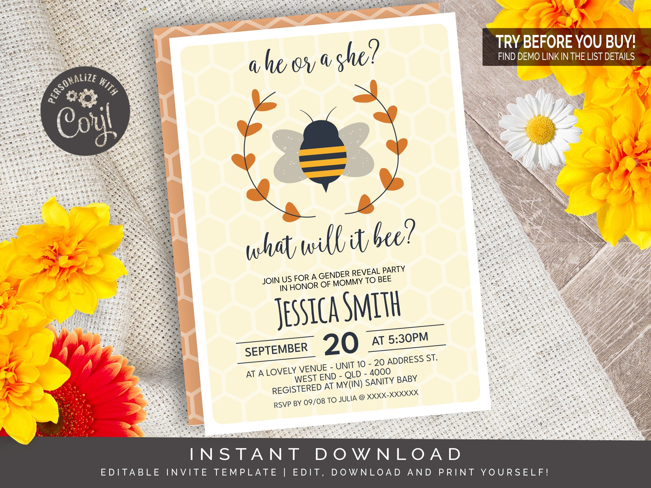 What Will It Bee Baby Shower Invitation Editable Digital File