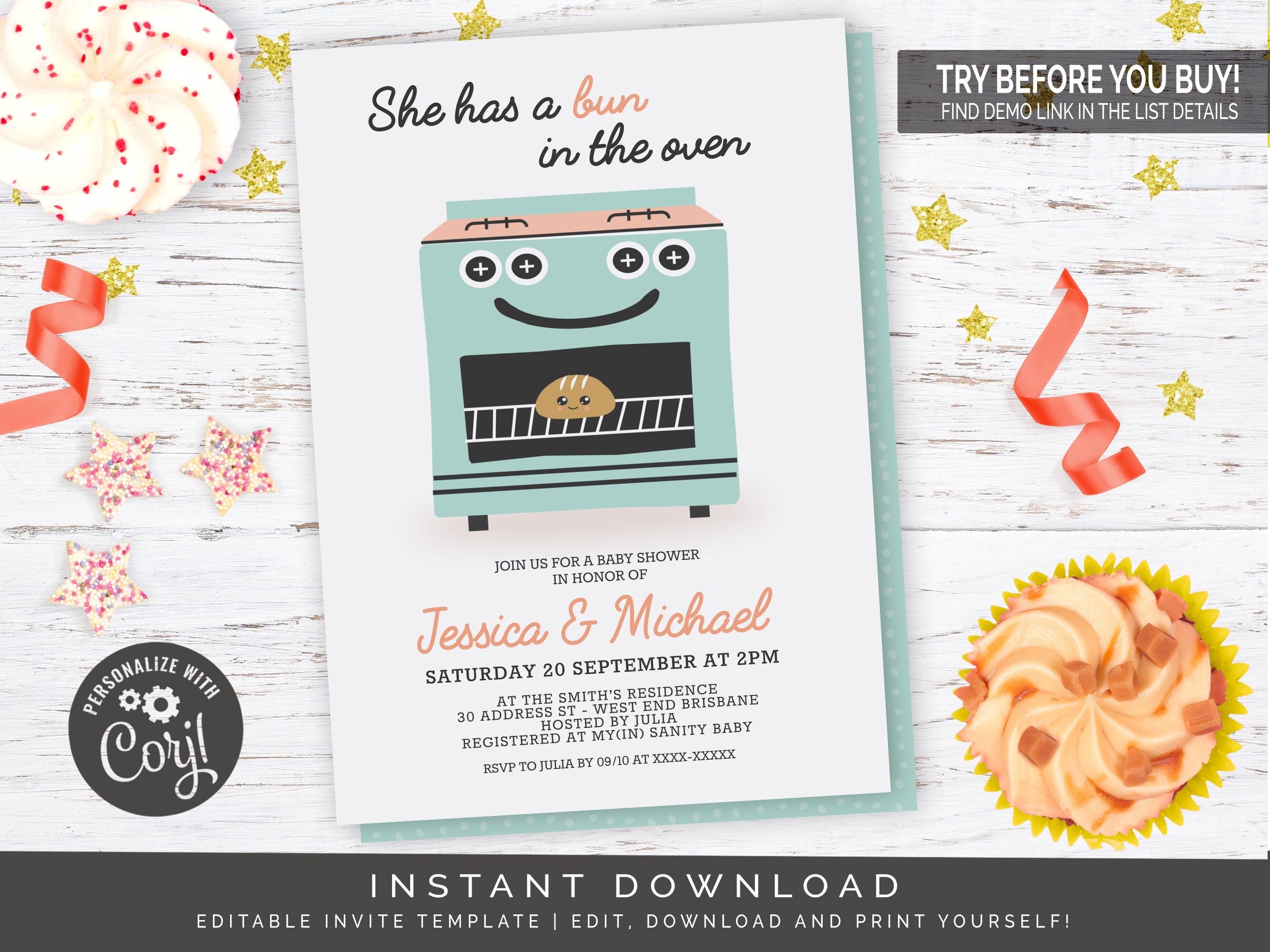 Bun in the Oven Baby Shower Invitation in Green | Editable Digital File ...