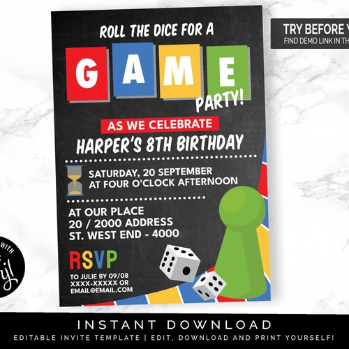 Board Game Party Invitation | Editable Digital File