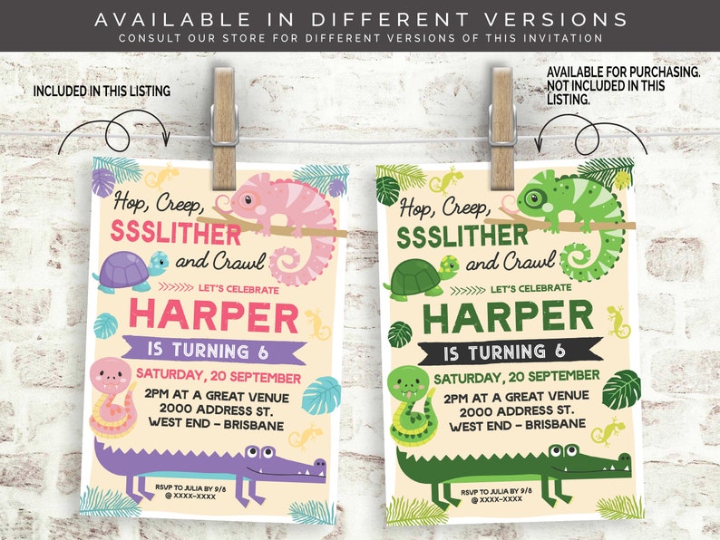 Scales and Tails Girl's Reptile Birthday Invitation Editable Digital