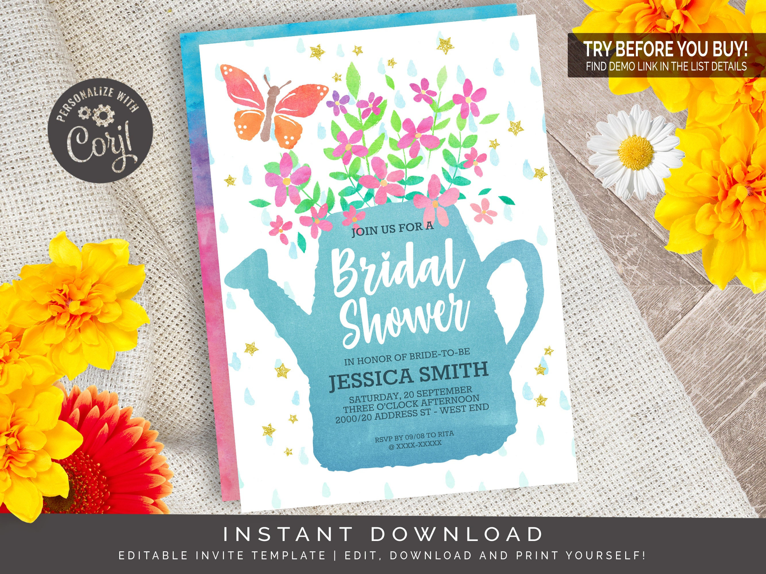 Garden Party Bridal Shower Invitation Editable Digital File