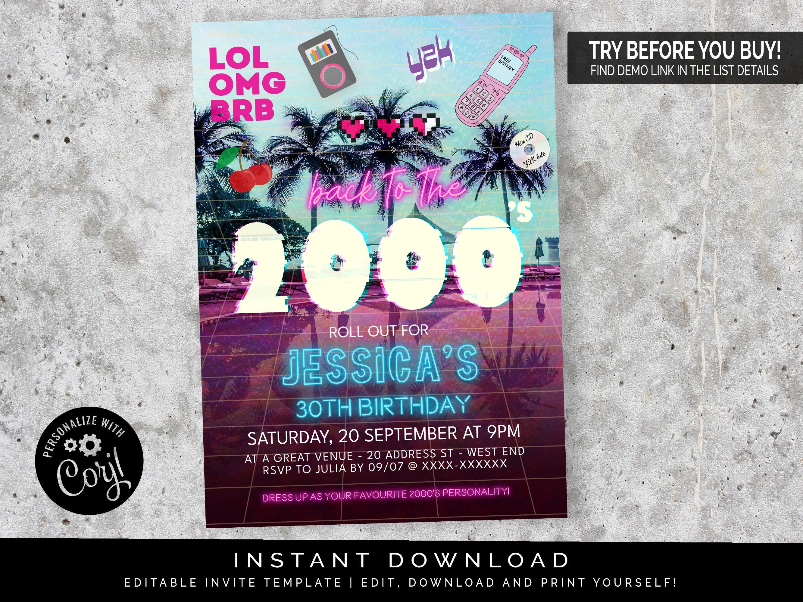 2000s Party Invitation Vertical Editable Digital File