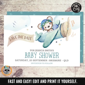 Save the Date - Teddy Bear Airplane Baby Shower  | Editable Digital File
