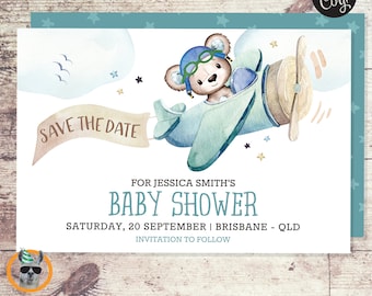 Save the Date - Teddy Bear Airplane Baby Shower  | Editable Digital File