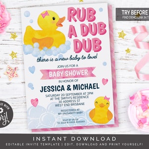 Girl Rubber Duck Baby Shower Invitation, Books For Baby and Diaper Raffle Editable Digital Files image 2