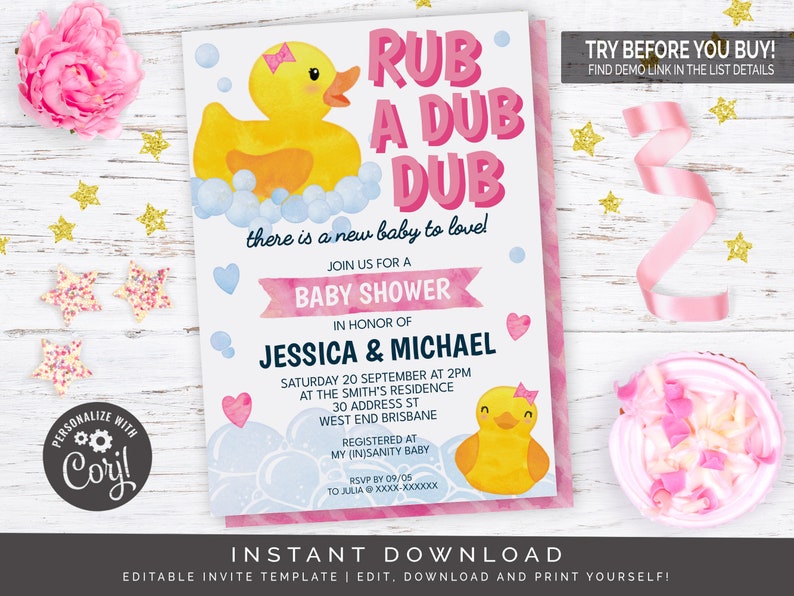 Girl Rubber Duck Baby Shower Invitation, Books For Baby and Diaper Raffle Editable Digital Files image 2