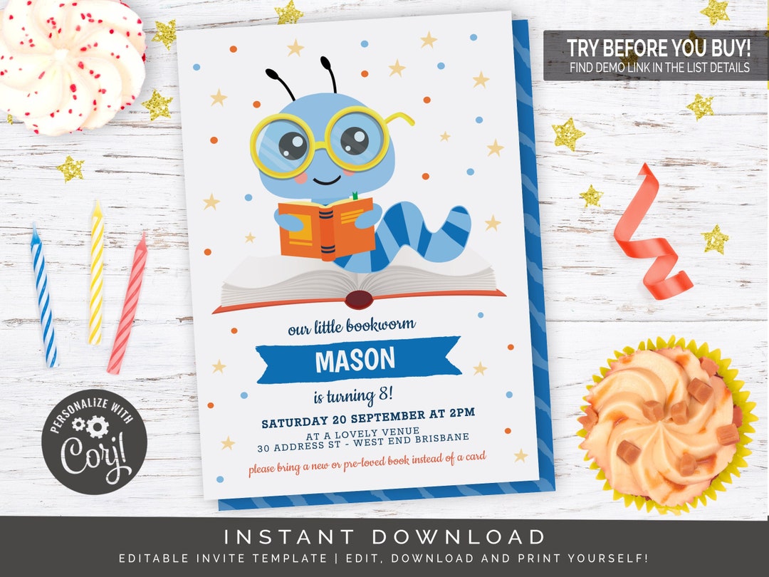 Blue Bookworm Birthday Party Invitation | Editable Digital File - Etsy