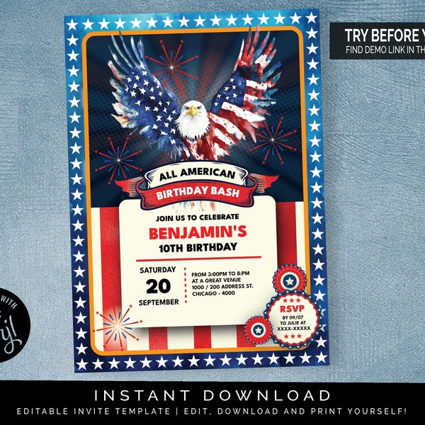 Invitación de cumpleaños estadounidense / Archivo digital editable