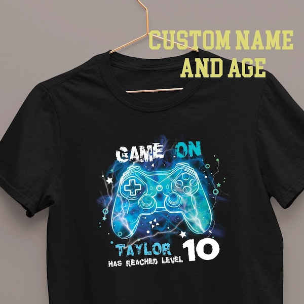 Game on Personalised Age and Name T Shirt Australia | 10 Birthday Level Custom Unlocked  Shirt | Gamer Party Gift Tee Print | Tshirt Gift