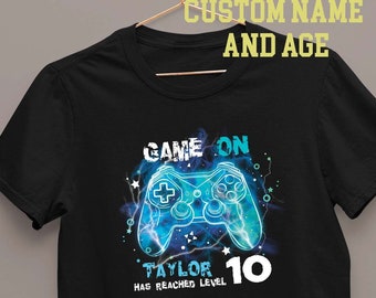 Game on Personalised Age and Name T Shirt Australia | 10 Birthday Level Custom Unlocked  Shirt | Gamer Party Gift Tee Print | Tshirt Gift