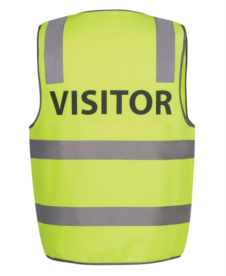 May include: A bright yellow safety vest with reflective silver stripes and the word "VISITOR" printed in black.
