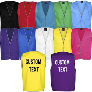 May include: A set of 12 safety vests in a variety of colours, including black, red, blue, green, white, yellow, and pink. The vests have reflective strips and a V-neck design. Two vests are shown with the text "CUSTOM TEXT" printed on them.