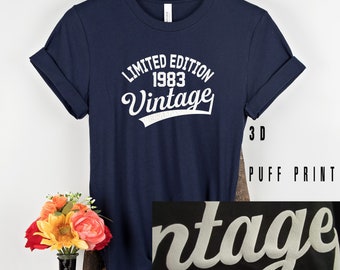 40th Birthday Puff Print T Shirt Australia Printing | 1983 Limited Vintage 3D Embossed Print | Birthday Text Design | Tshirt Gift