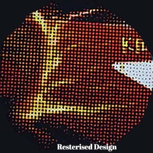 May include: Circular digital artwork with a pattern of orange and yellow dots on a dark background. The text "Resterised Design" is at the bottom of the image.