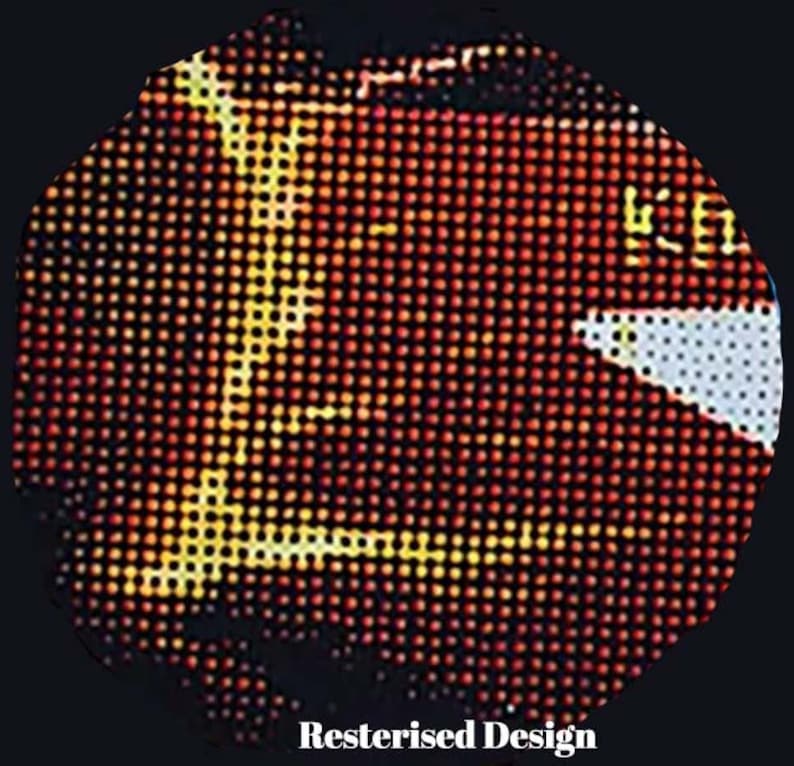 May include: Circular digital artwork with a pattern of orange and yellow dots on a dark background. The text "Resterised Design" is at the bottom of the image.
