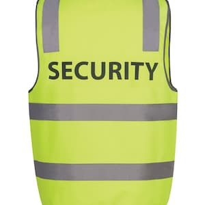 May include: A bright yellow safety vest with reflective silver stripes and the word "SECURITY" printed in black letters.