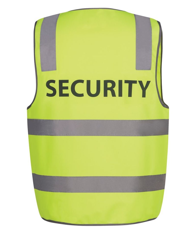 May include: A bright yellow safety vest with reflective silver stripes and the word "SECURITY" printed in black letters.