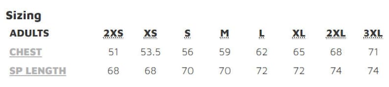 May include: Sizing chart for adults showing chest and sleeve length measurements in inches for sizes 2XS, XS, S, M, L, XL, 2XL, and 3XL.