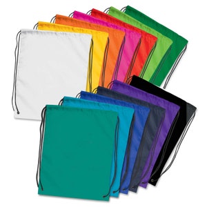 May include: A set of 14 drawstring bags in a variety of colours, including white, yellow, orange, red, pink, green, blue, purple, and black. The bags are made from a lightweight fabric and have a simple design.