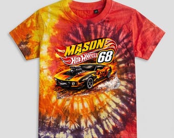 Personalised Boxy Style Tie Dye Tshirt Australia | Hot Wheels Birthday, Let's Race Party Inspired Tee | Racing Cars Custom Name Number Gift